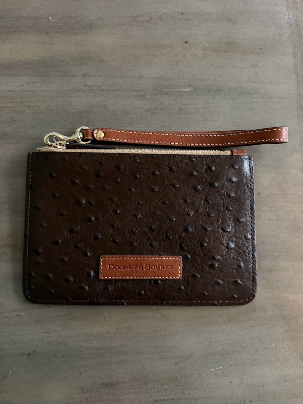 Dooney & Bourke Ostrich Embossed Leather Wristlet Clutch Brown Red Lining